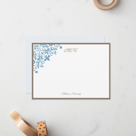 青フランスのいストライプ（紋章の）フラ・ダ・リパーソナライズされた ノートカード (正面/裏面インサイチュ)