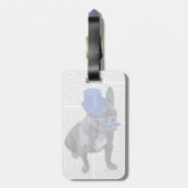 青フランスのいトップハットと口ひげ付きブルドッグ ラゲッジタグ (裏面縦)