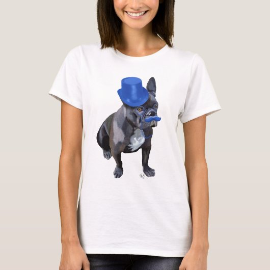青フランスのいトップハットと口ひげ付きブルドッグ Tシャツ (正面)