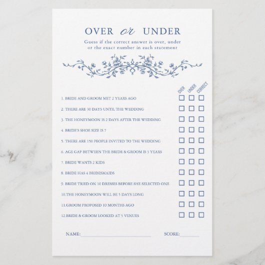 青フランスのい「上または下」ブライダルシャワーゲーム (正面)