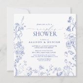 青フランスのと白のカップルビクトリアンシャワー 招待状 (正面)