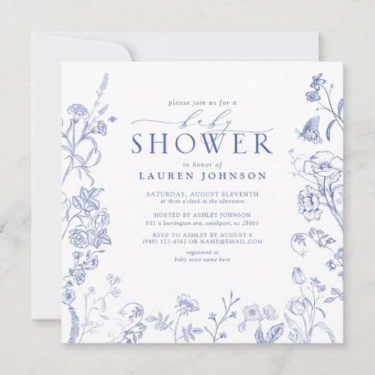 青フランスのと白のビクトリアンフローラ 招待状 (正面)