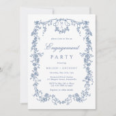 青フランスのビクトリアンフローラ婚約パーティ 招待状 (正面)