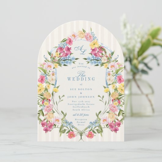 青フランスのフローラモノグラカラフルムヴィンテージクレスト 招待状 (スタンド正面)