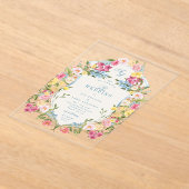 青フランスのフローラモノグラムヴィンテージクレスト結婚ズ アクリル招待状 (レイダウン)