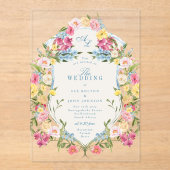 青フランスのフローラモノグラムヴィンテージクレスト結婚ズ アクリル招待状 (正面)