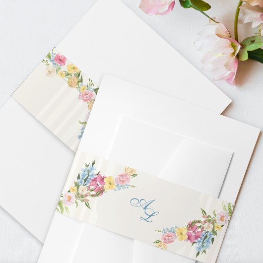 青フランスのフローラモノグラムヴィンテージクレスト結婚ズ 招待状ベリーバンド