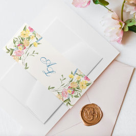 青フランスのフローラモノグラムヴィンテージクレスト結婚ズ 招待状ベリーバンド