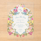 青フランスのフローラヴィンテージのcrest日付の保存 アクリル招待状 (正面)