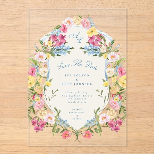 青フランスのフローラヴィンテージのcrest日付の保存 アクリル招待状 (正面)