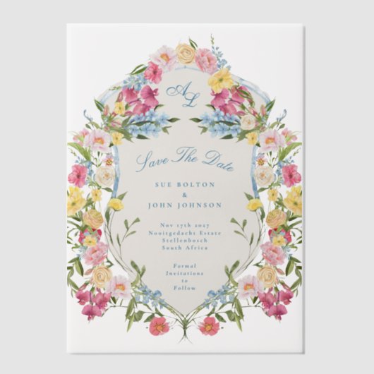 青フランスのフローラヴィンテージのcrest日付の保存 ベラム紙招待状 (正面)