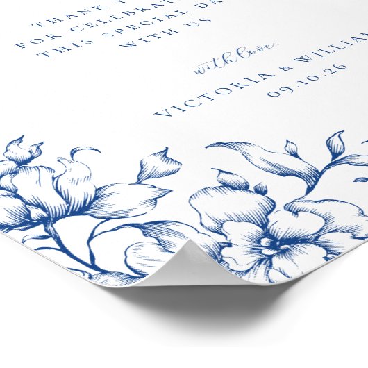 青フランスのフローラ結婚式の引き出物標識 ポスター (角)