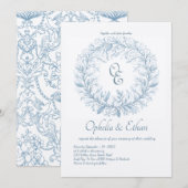 青フランスのモノグラムビクトリアンクレスト結婚ーズ 招待状 (正面/裏面)