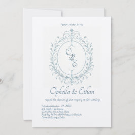 青フランスのモノグラムビクトリアンクレスト結婚ーズ 招待状