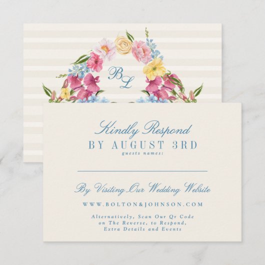 青フランスのヴィンテージフローラQRコード結婚のWebサイト 出欠カード (正面/裏面)