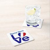 青フランスの愛ハートパーソナライズされた旗 スクエアペーパーコースター (インサイチュ)