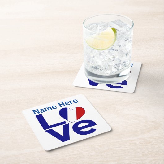 青フランスの愛ハートパーソナライズされた旗 スクエアペーパーコースター (インサイチュ)
