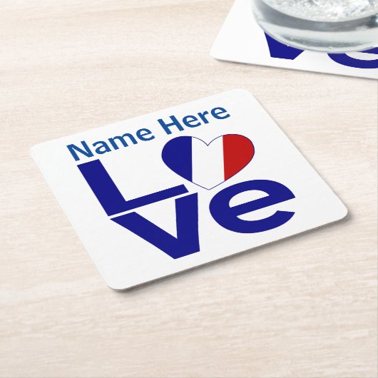 青フランスの愛ハートパーソナライズされた旗 スクエアペーパーコースター (アングル)