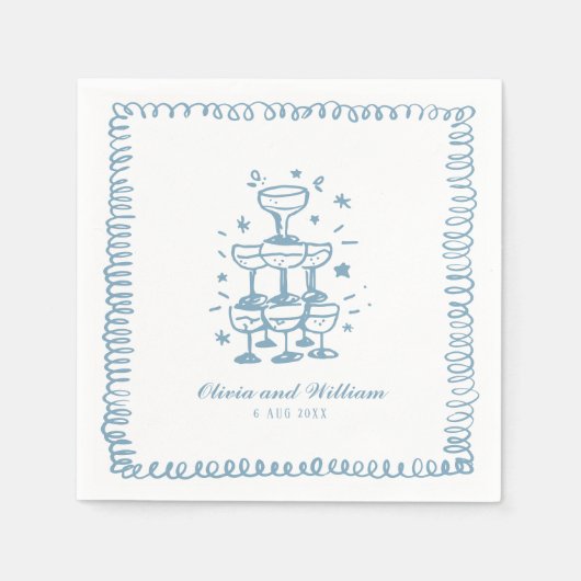 青フランスの手描きモノグラ結婚ム スタンダードカクテルナプキン (正面)