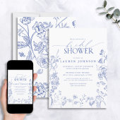 青フランスの白フローラビクトリアンブライダルシャワー 招待状