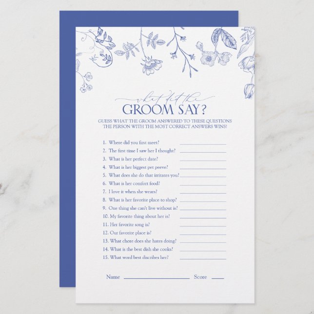 青フランスの白フローラブライダルシャワーゲーム (正面/裏面)