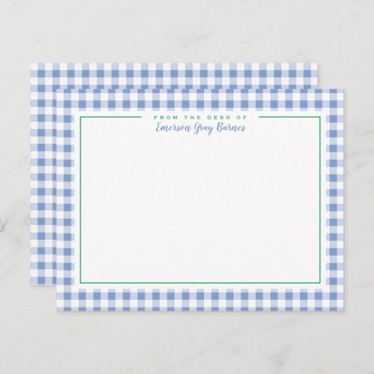 青フランスの緑アクセントギンガム机文房具 サンキューカード (正面/裏面)