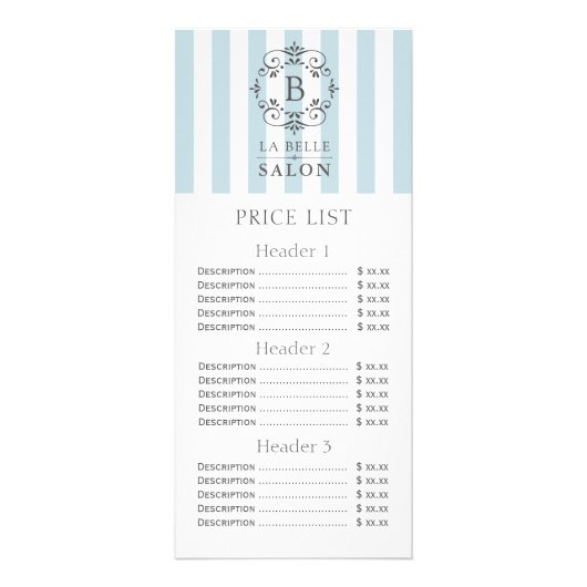 青フランスの色のオーニングストライプの価格表メニュー ラックカード (正面)