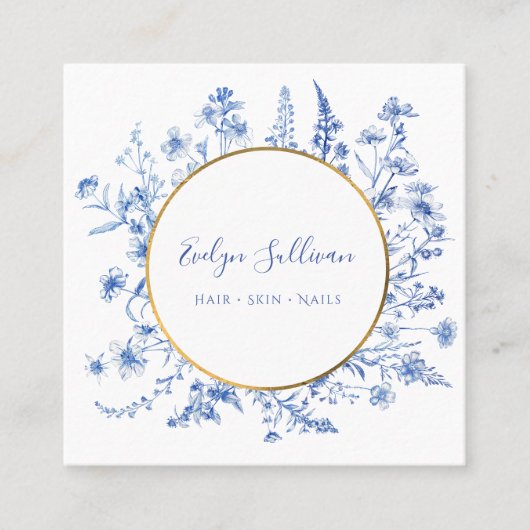青フランスの野花金ゴールド円名刺 スクエア名刺 (正面)