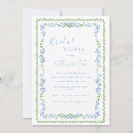 青フローラお洒落ブライダルシャワー 招待状 (正面)