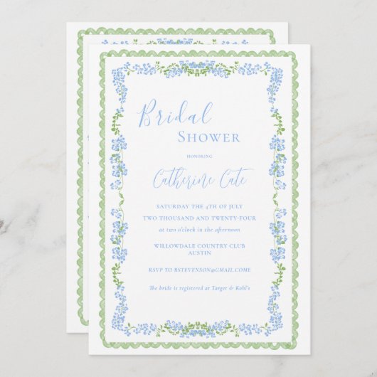青フローラお洒落ブライダルシャワー 招待状 (正面/裏面)