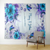 青フローラと蝶結婚の背景 タペストリー (インサイチュ(横))