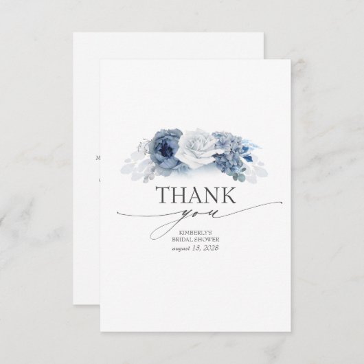 青フローラエレガントブライダルシャワーサンキューカード 招待状 (正面/裏面)