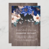 青フローラストリングライトの素朴ブライダルシャワー 招待状 (正面/裏面)