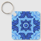 青フローラタイルパターンヴィンテージ 地中海の キーホルダー (正面)