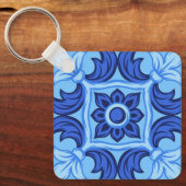 青フローラタイルパターンヴィンテージ 地中海の キーホルダー (正面)