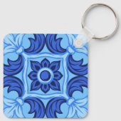 青フローラタイルパターンヴィンテージ 地中海の キーホルダー (裏面)