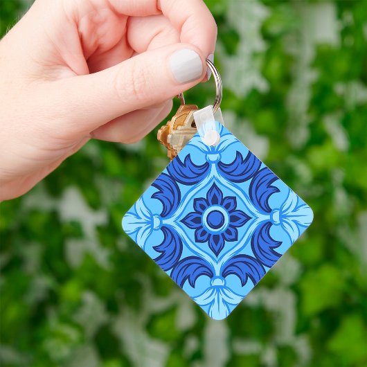 青フローラタイルパターンヴィンテージ 地中海の キーホルダー