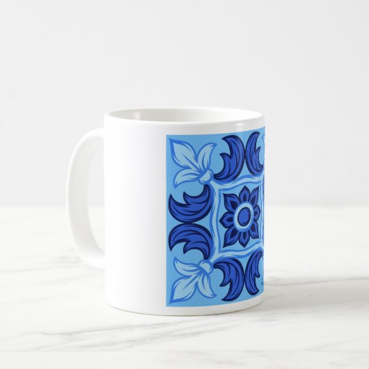 青フローラタイルパターンヴィンテージ 地中海の コーヒーマグカップ (正面左)