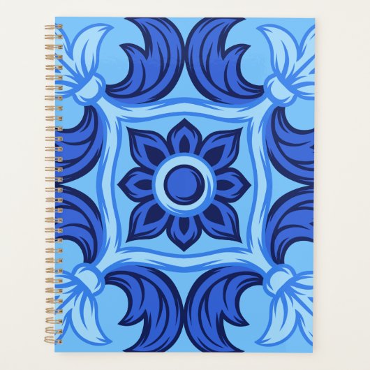 青フローラタイルパターンヴィンテージ 地中海の プランナー手帳 (正面)