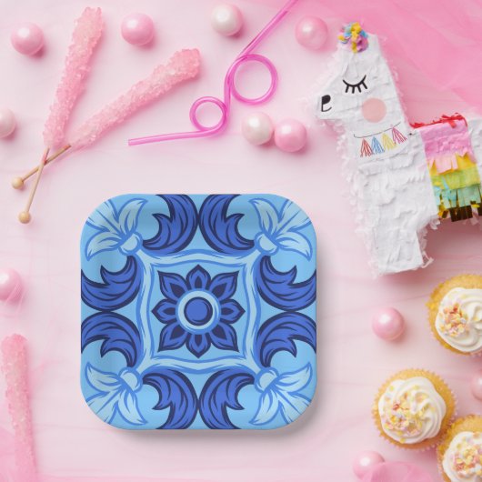 青フローラタイルパターンヴィンテージ 地中海の ペーパープレート (パーティー)