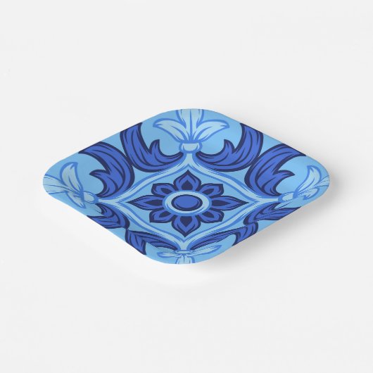 青フローラタイルパターンヴィンテージ 地中海の ペーパープレート (傾斜あり)