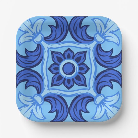 青フローラタイルパターンヴィンテージ 地中海の ペーパープレート (正面)