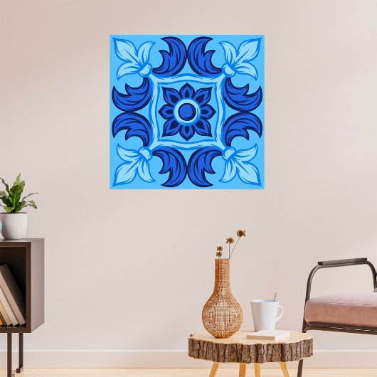 青フローラタイルパターンヴィンテージ 地中海の ポスター