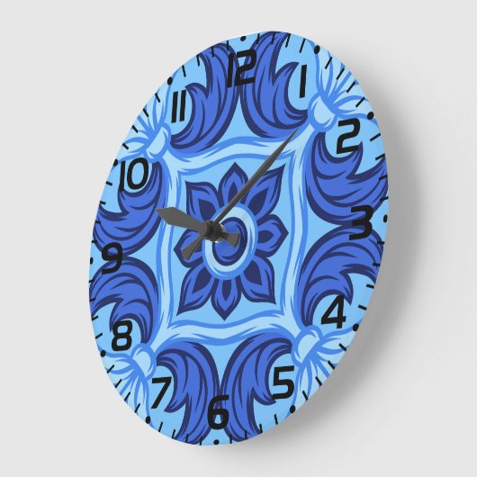 青フローラタイルパターンヴィンテージ 地中海の ラージ壁時計 (傾斜)