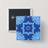 青フローラタイルパターンヴィンテージ 地中海の 缶バッジ (正面&裏面)