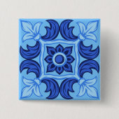 青フローラタイルパターンヴィンテージ 地中海の 缶バッジ (正面)