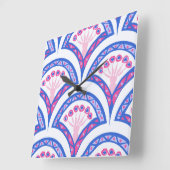 青フローラダマスク模様 スクエア壁時計 (傾斜)