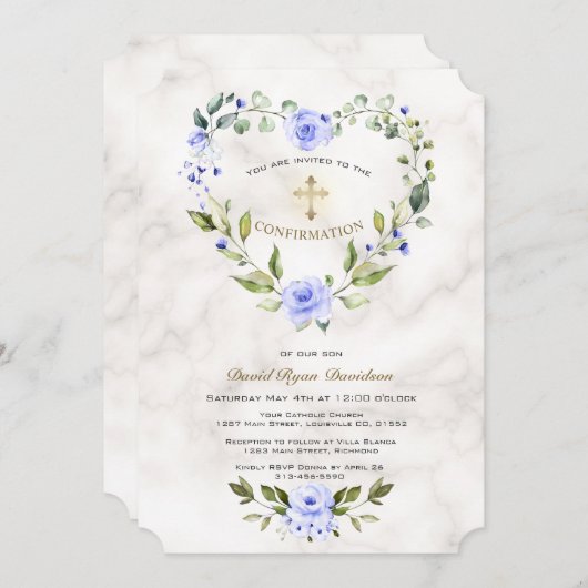 青フローラハートフレーム大理石ボーイ確認 招待状 (正面/裏面)