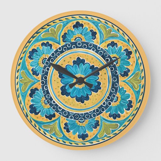 青フローラメキシカンタイル ラージ壁時計 (正面)