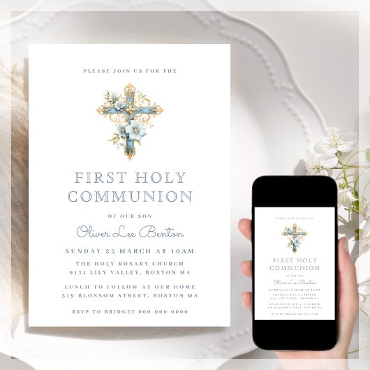 青フローラ十字 | First Holy Communion 招待状